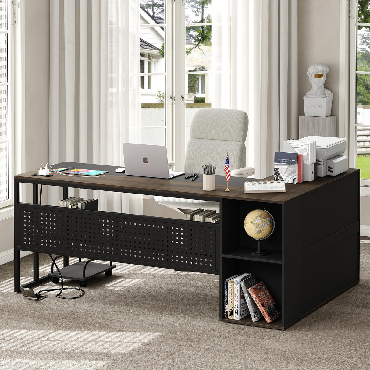 71 inch Executive Desk, L Shaped Desk with Cabinet Storage, Executive Office