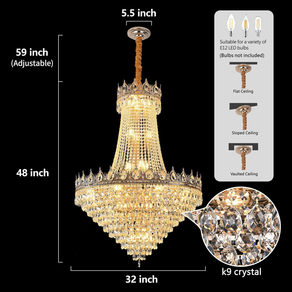 32“ French Empire Crystal Chandelier Modern Gold Crystal Chandeliers Round Large High