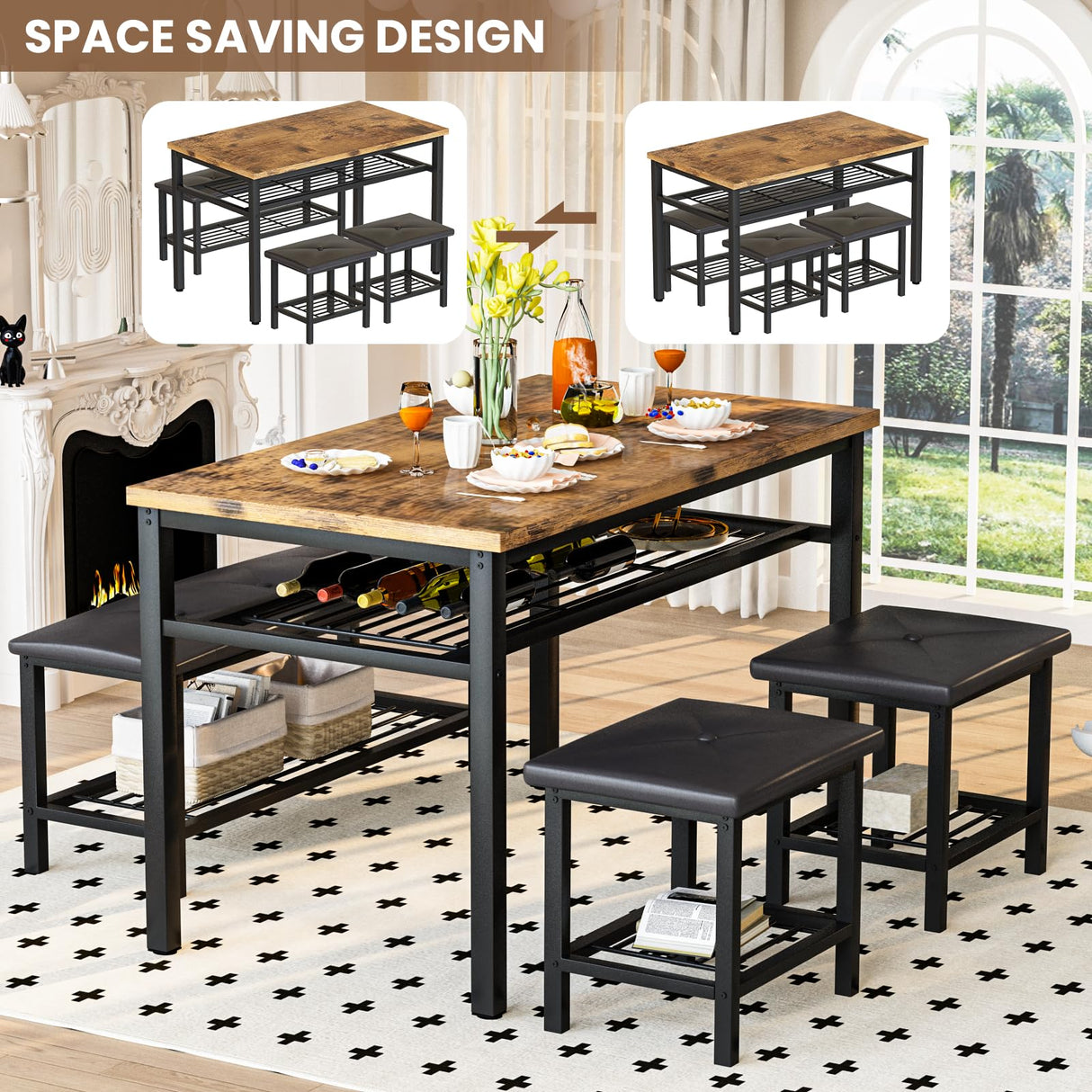 Kitchen Tables Set for 4, Rectangular Dining Room Table Set with Bench and Stools, 4