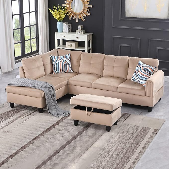 Faux Leather L-Shaped Sectional Sofa with Storage Ottoman, Nailhead Rivet Hemming