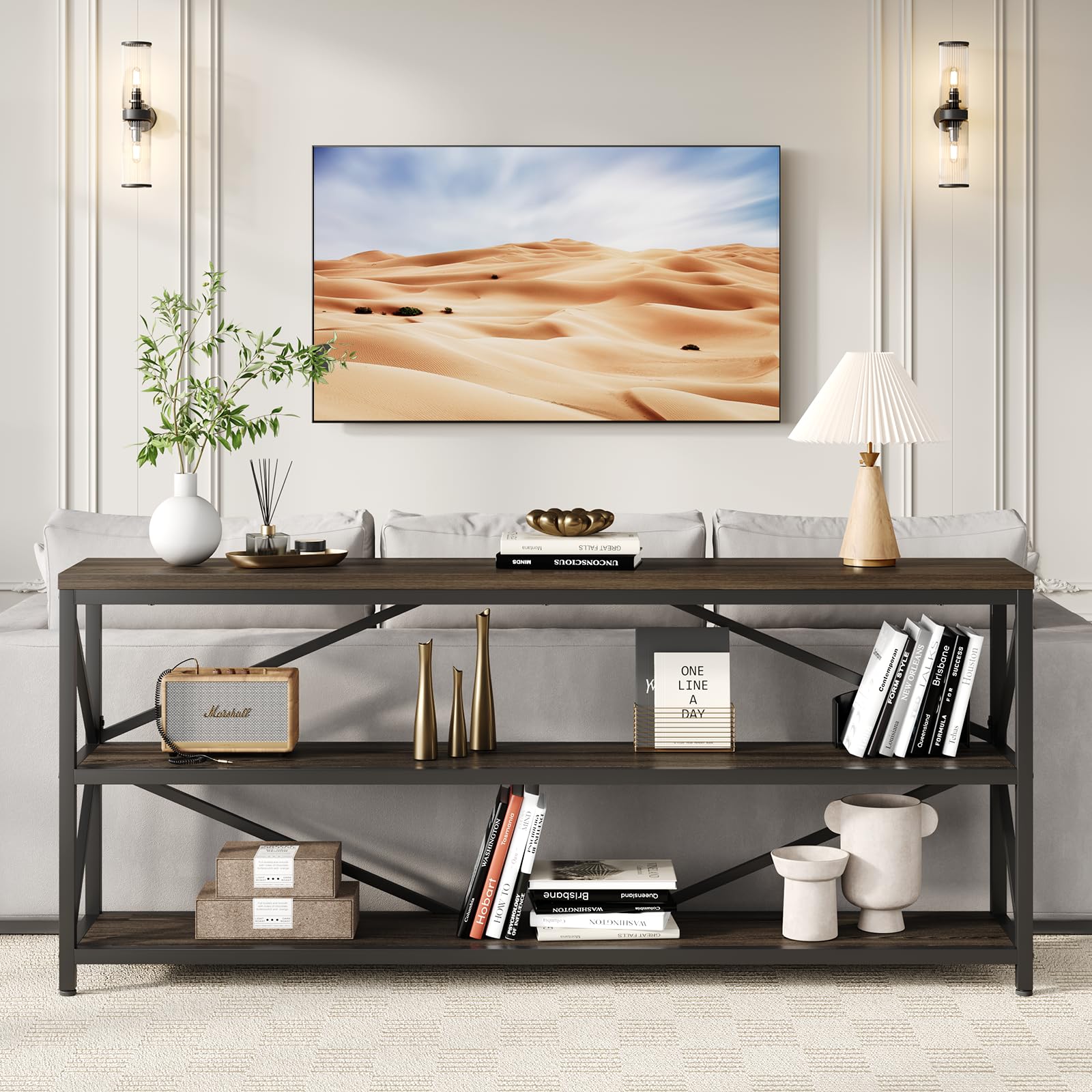 70.8" Industrial Console Table with 3-Tier Storage Shelf