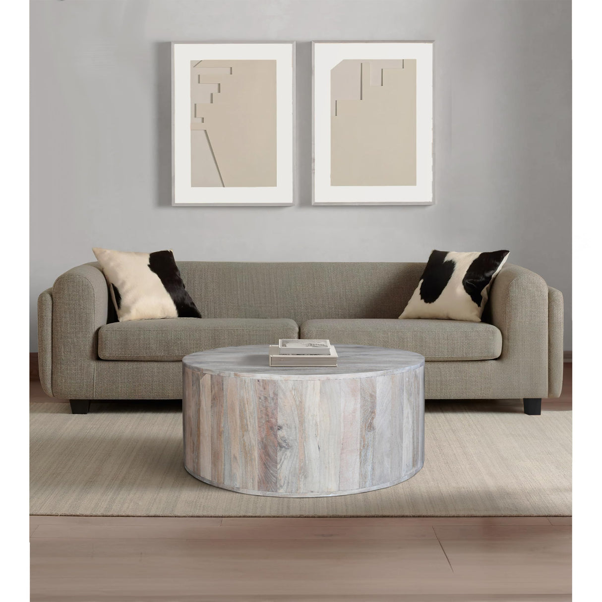 Rustic Farmhouse Wooden Drum Coffee Table, Geometric Shape