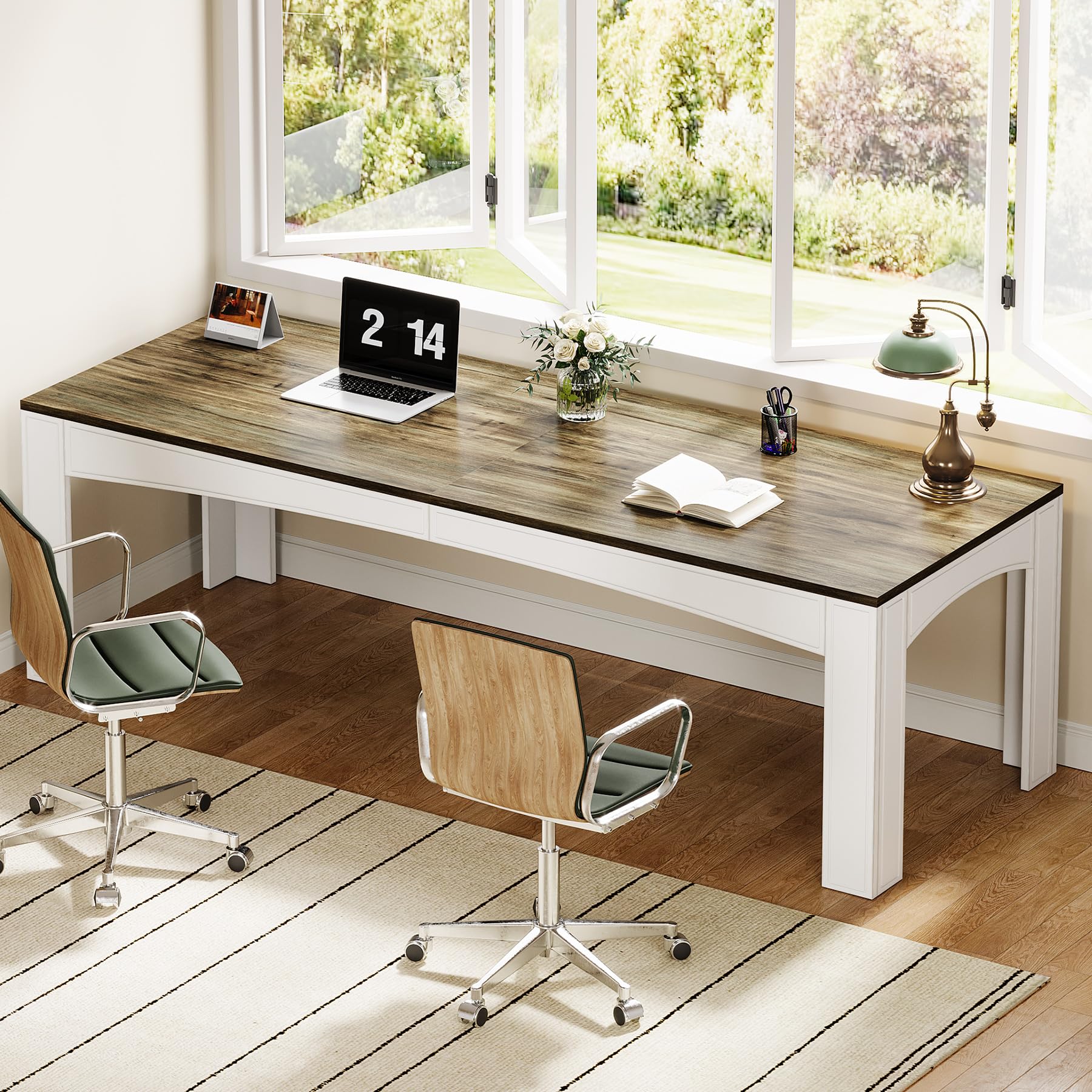 78.74-Inch 2-Person Desk, Extra Long Computer Desk for Two People, Wooden Large Double Desk Work Study Writing Desk for Home Office, Brown & White