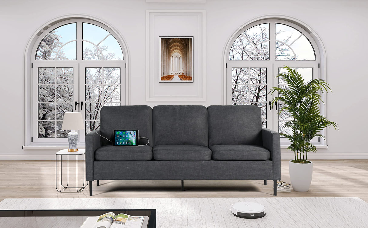 72" W Fabric 3 Seater Couch with 2 USB, Comfortable Sectional Couches and Sofas