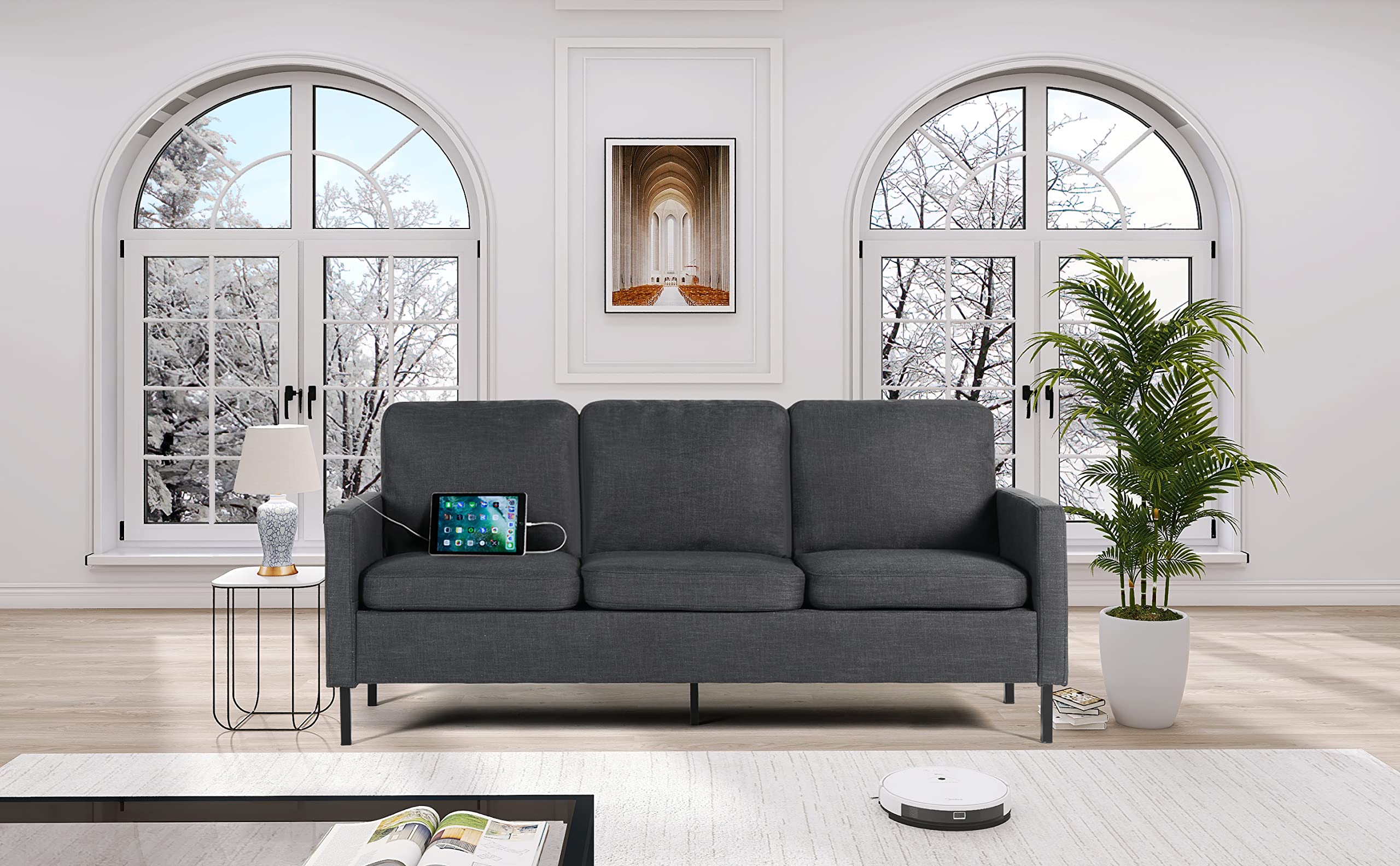 72" W Fabric 3 Seater Couch with 2 USB, Comfortable Sectional Couches and Sofas