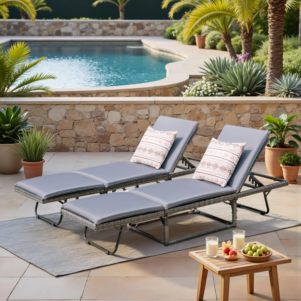 Foldable Rattan Chaise Lounge 2-Pack, 5-Angle Adjustable Backrest Patio Chairs for Beach