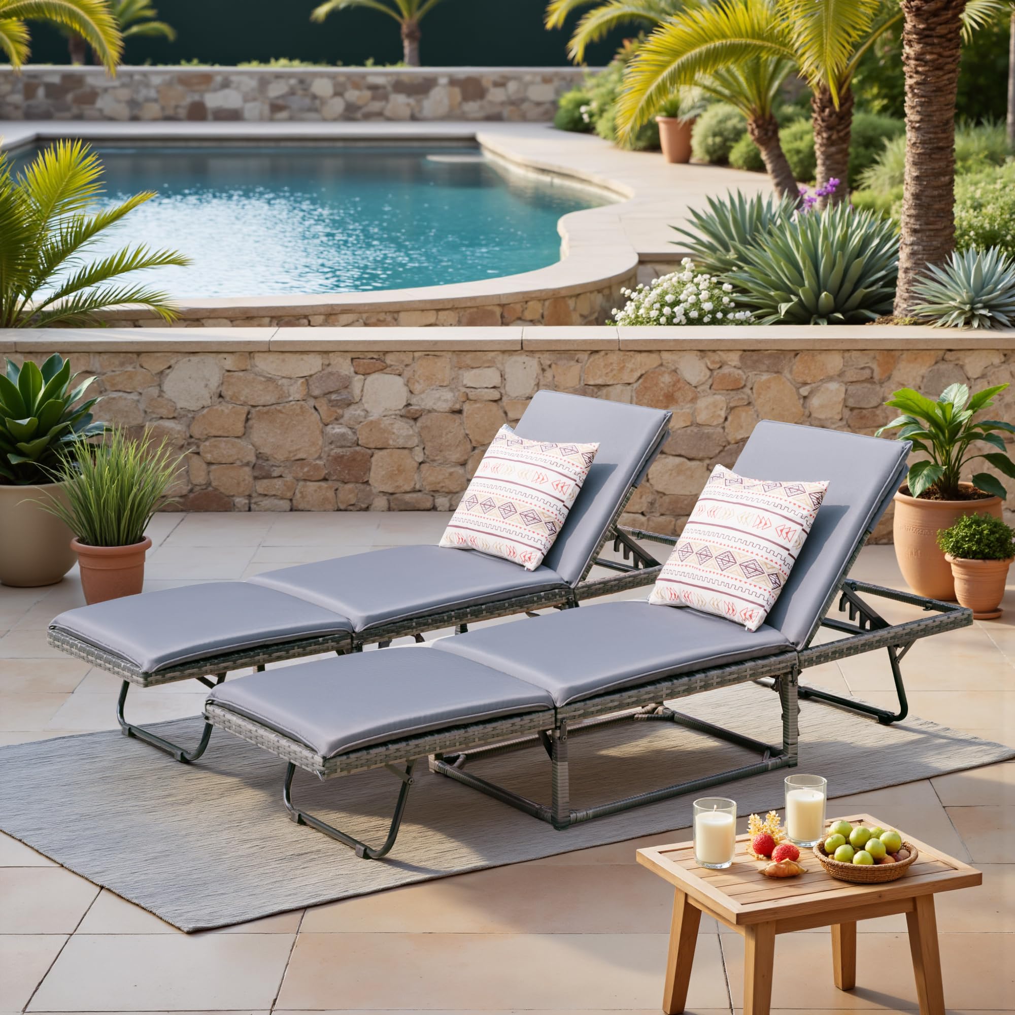 Foldable Rattan Chaise Lounge 2-Pack, 5-Angle Adjustable Backrest Patio Chairs for Beach