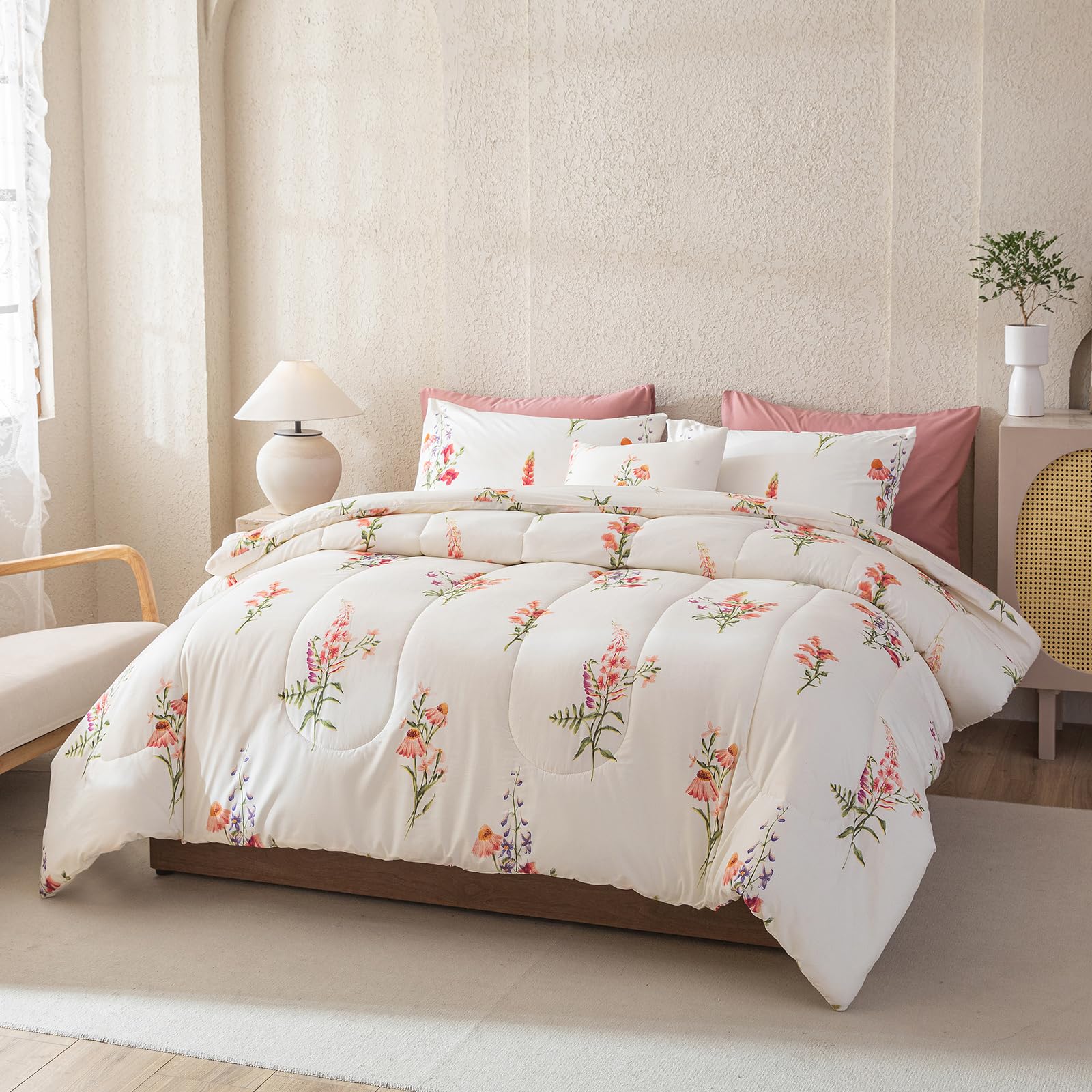 8 Pcs Bed in a Bag Queen Botanical Floral Comforter Set Pink Flowers