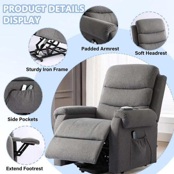 SENIFIS Power Lift Recliner Chair, Linen Fabric Lift Chair for Elderly with Massage & Heat, Electric Relining Sofa Chair for Living Room with Remote Control, Side Pockets, USB Port (Gery)