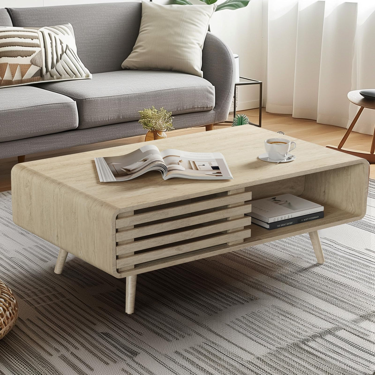 Coffee Table with Storage, Mid Century Modern Coffee Table for Living Room