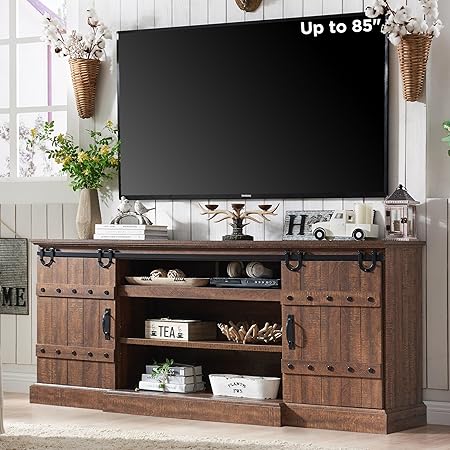 Farmhouse 75" TV Stand for 80 85 Inch TV, Rustic Media Console Table with Sliding