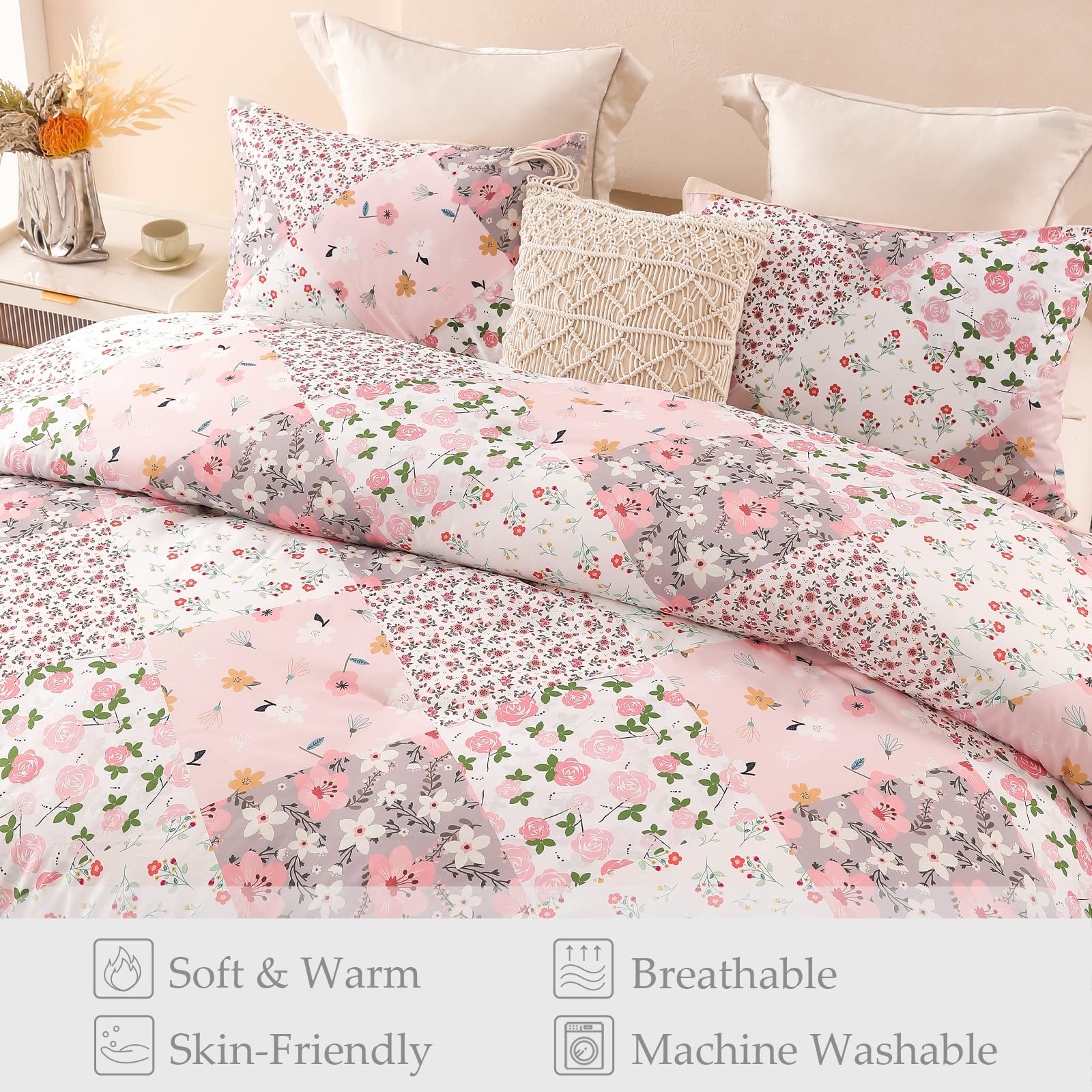 Queen Full Comforter Set, Soft Reversible Pink Bedding Comforter Set