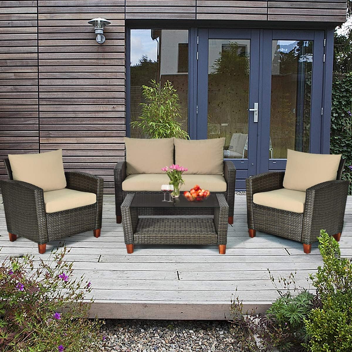 Pieces Patio Conversation Set Outdoor Rattan Wicker Furniture Set