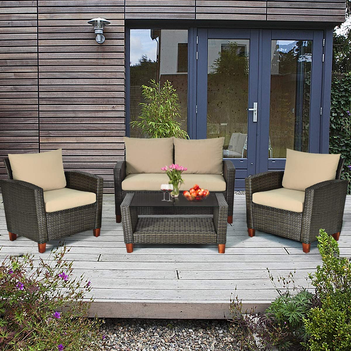 Pieces Patio Conversation Set Outdoor Rattan Wicker Furniture Set