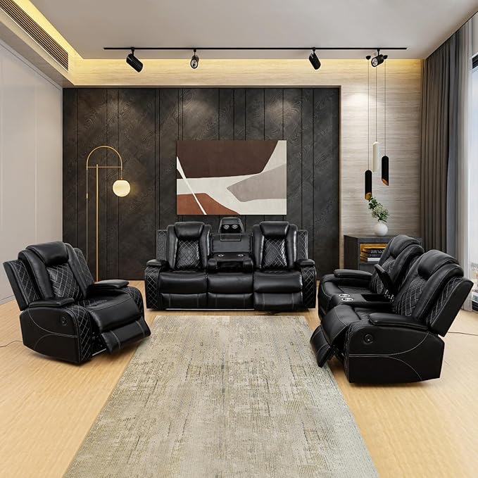 Leather Power Recliner Sofa 2 Piece Couch Set With LED, Living Room Furniture