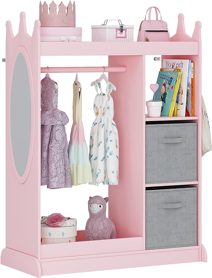 Kids Play Armoire with Mirror, Storage Bins and Closet for Dress Up and Costumes