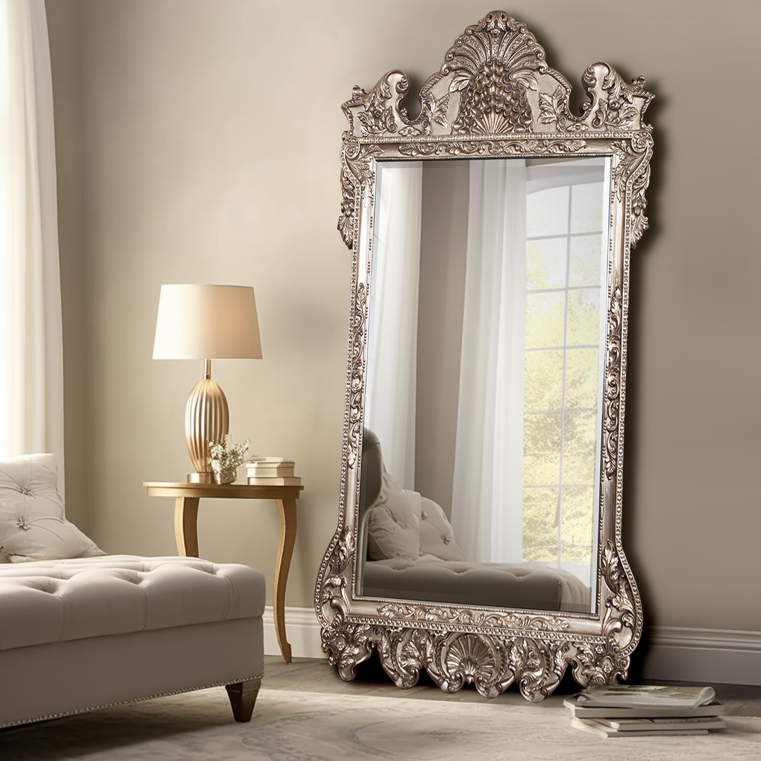 Marquette Antique Oversized Full Length Mirror, Ornate Full Body Standing