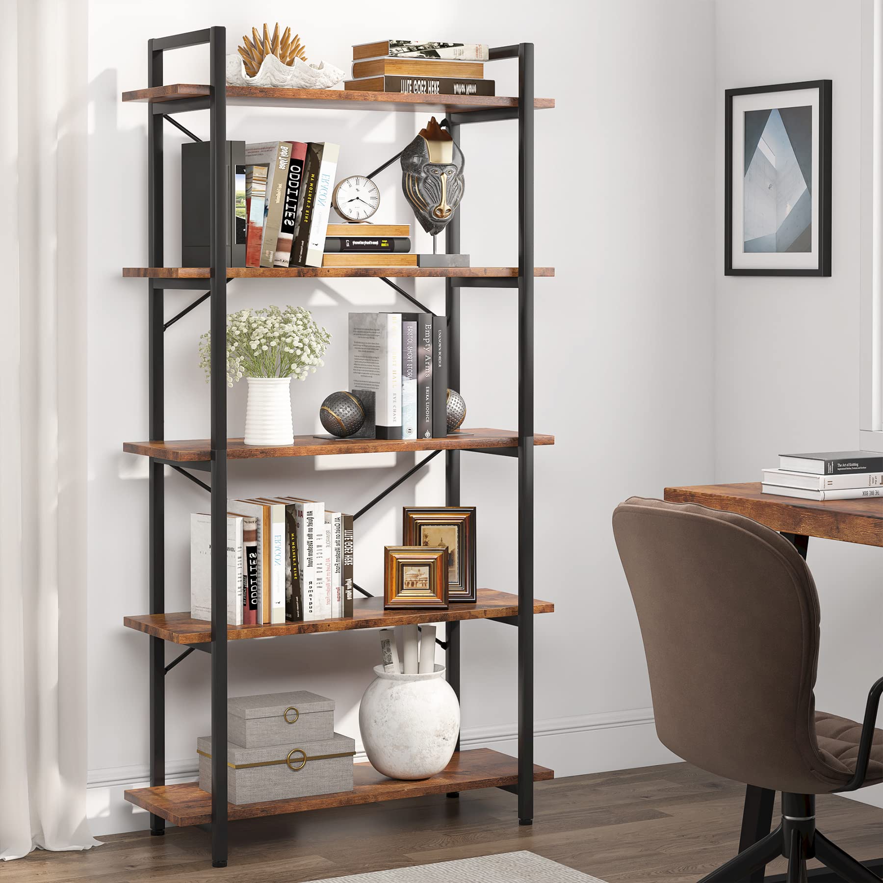 5 Tier Bookshelf, Industrial Etagere Bookcase with Metal Frame, Rustic Tall Book Shelf
