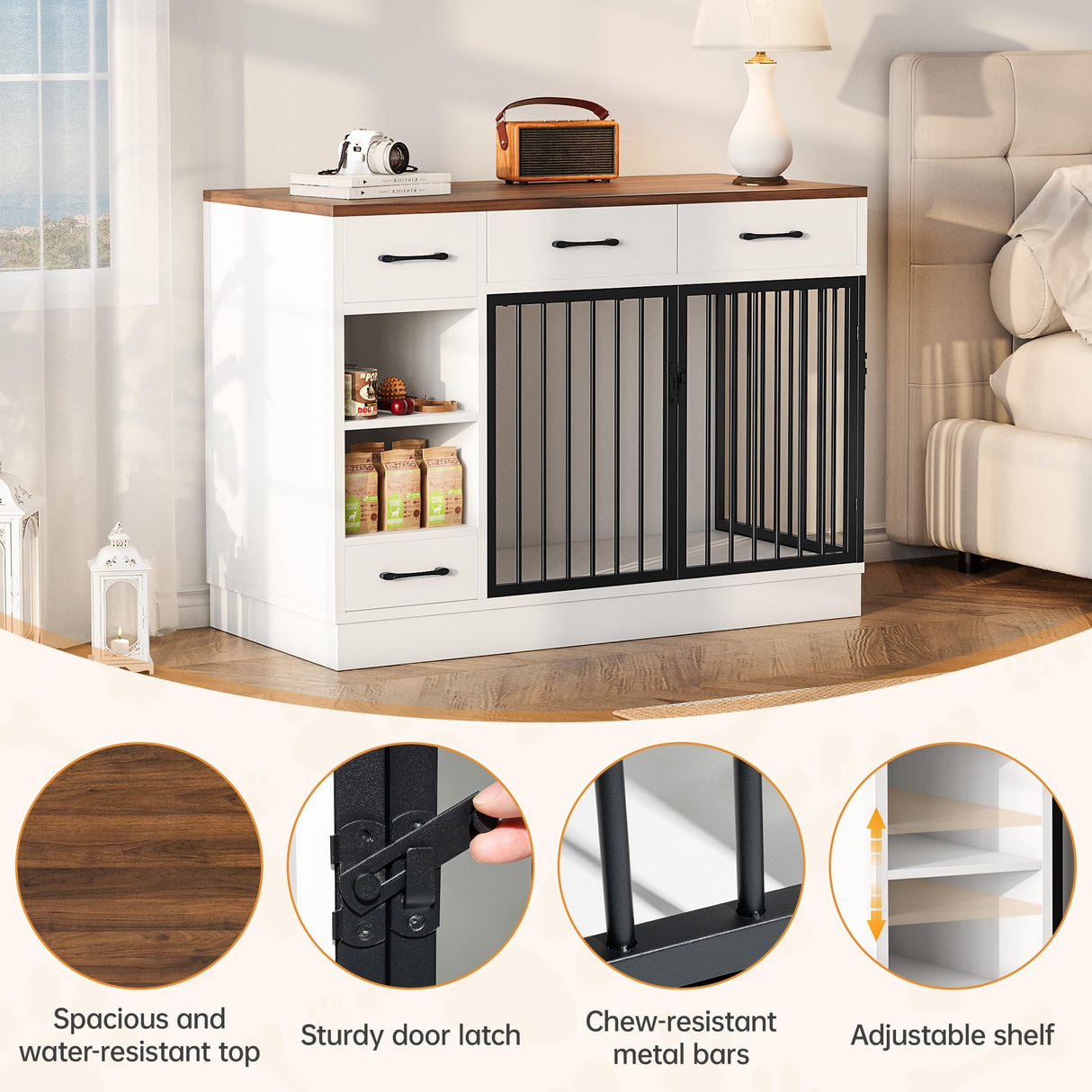 Large Dog Crate Furniture with Storage Drawers - 47.2 Inch Wooden Kennel