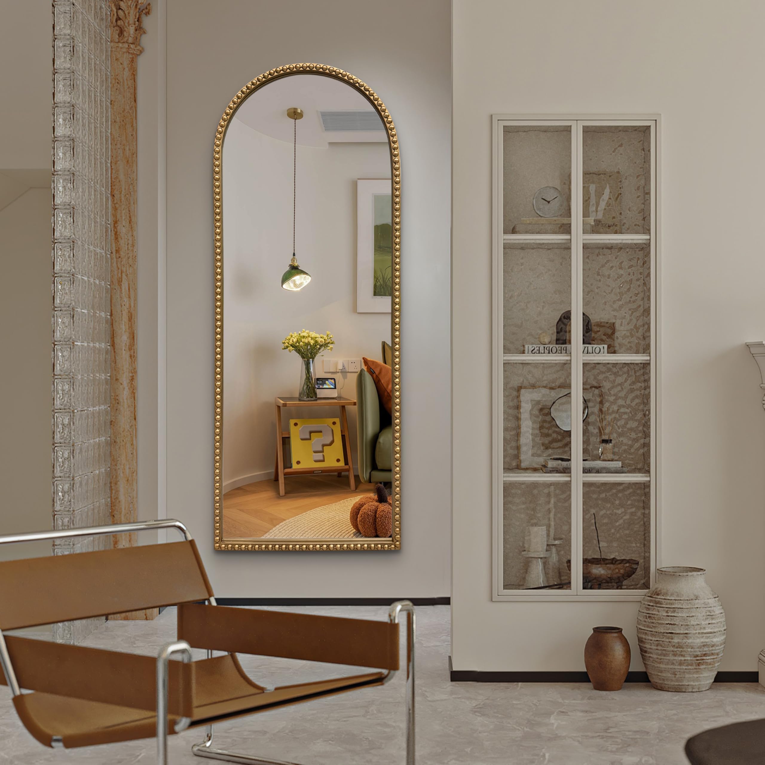 Vintage Gold Arch Floor Mirror 20"x53" - Full Length Wall Mirror with Beaded Metal Frame