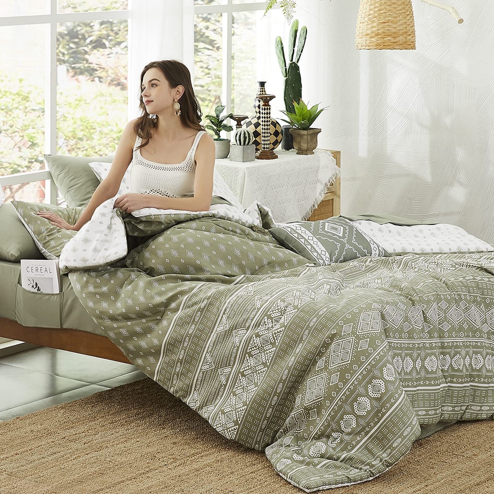 Geniospin Olive Green Queen Comforter Set 8 Piece, Reversible Boho Comforters Queen, All Season Comfortable Bedding Set