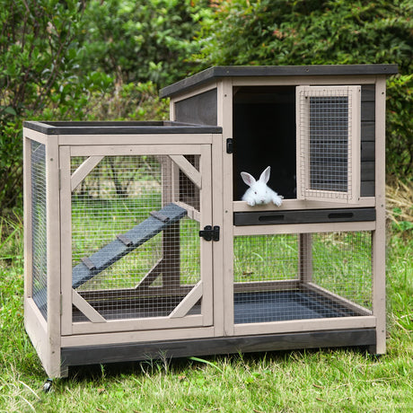 Outdoor Rabbit Hutch, Bunny Cage on Wheels with 2 Deep No Leakage Pull Out Trays