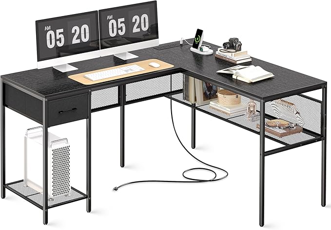 L Shaped Desk with Power Outlets, Computer Desk with Drawer, Reversible Corner Desk wi