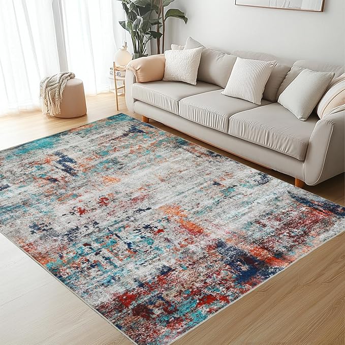 Washable Area Rug 5'x7' Organe Abstract Retro Boho Neutral Large Oriental Non-Slip&Stain Resistant