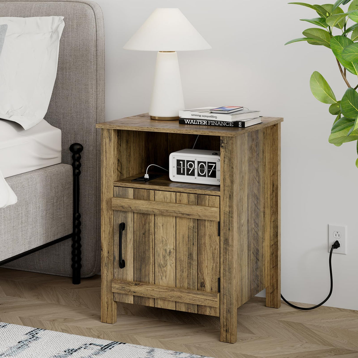 RRX Night stand Set of 2 Farmhouse End Table with Charging Station