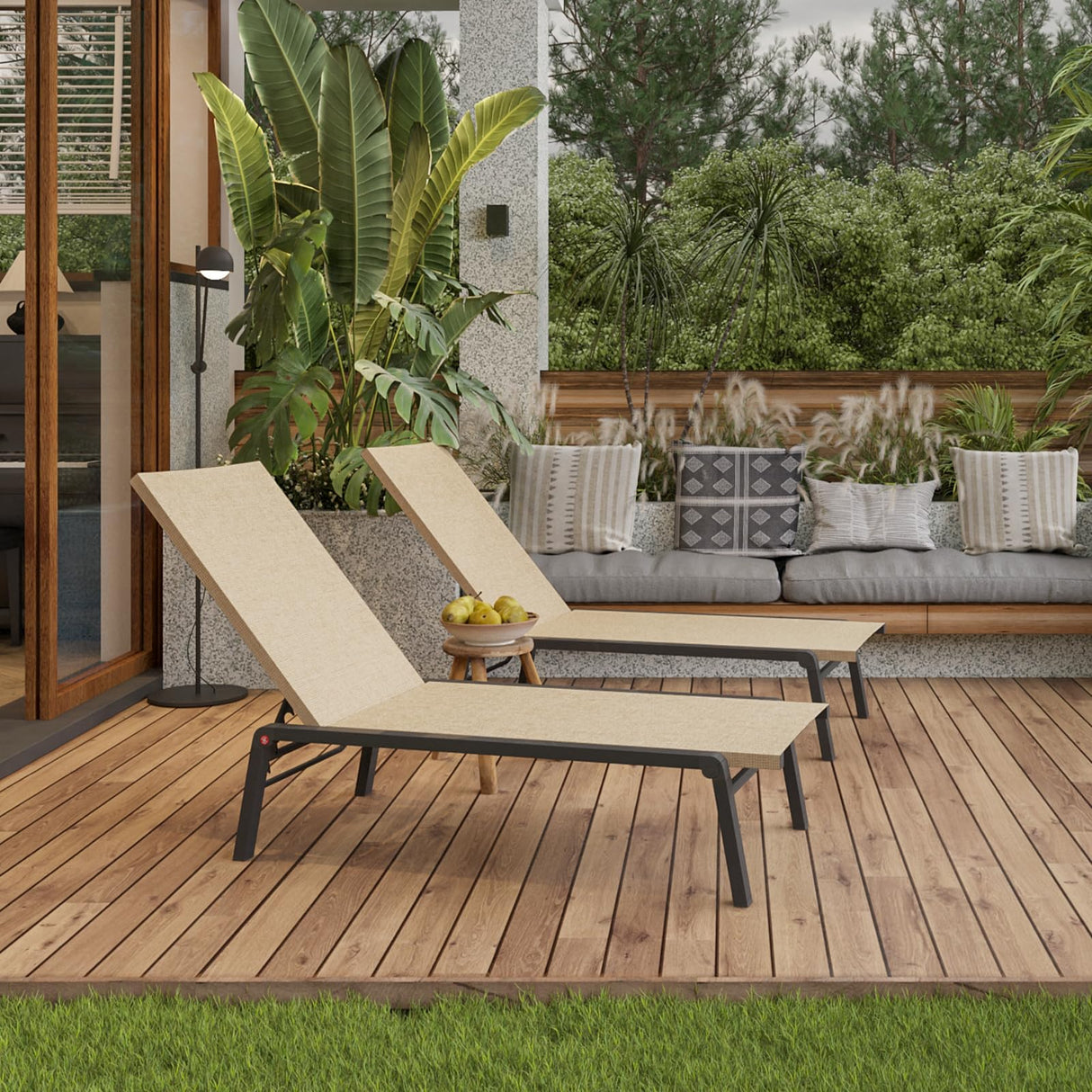 Patio Chaise Lounge Set of 2 with 5 Adjustable Backrest, Foldable Aluminum Chaise Lounge Chair Recliner