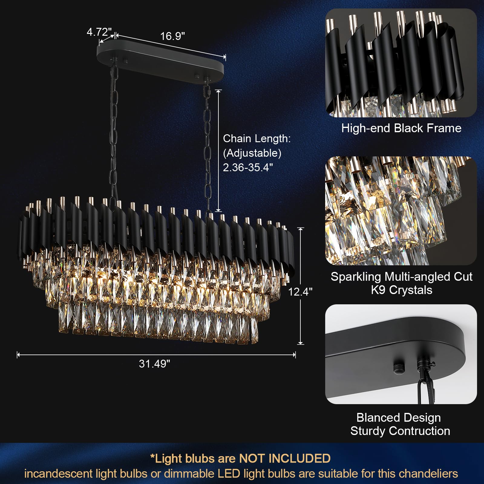 Modern Rectangular Chandelier Black and Gold Crystal Chandeliers for Dining Room