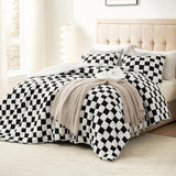 Fluffy King Size Comforter Set Grey, Farmhouse Jacquard Checkered Sherpa Bed Set
