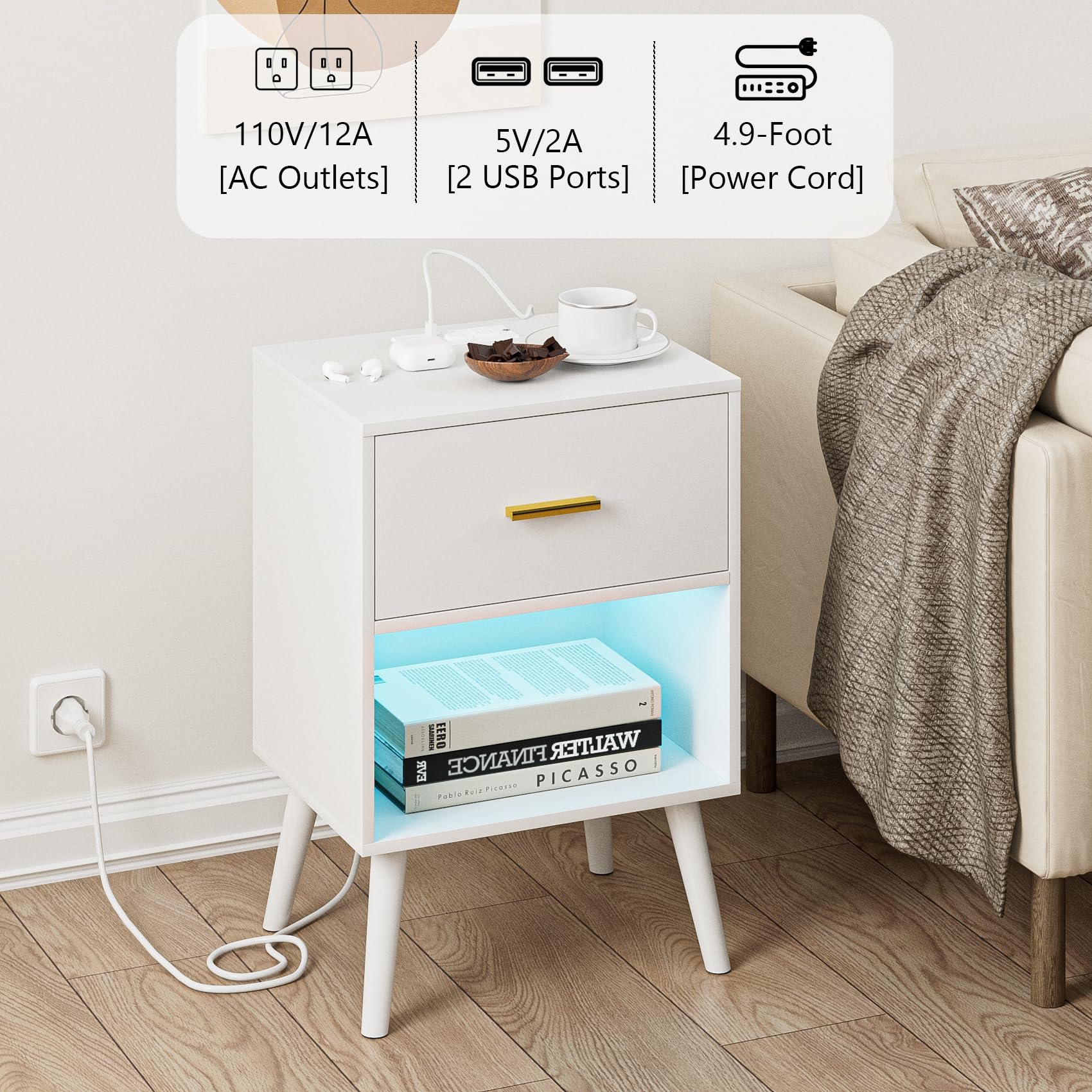 Nightstand with Charging Station and LED Lights, Small Side Table, Bedside Table