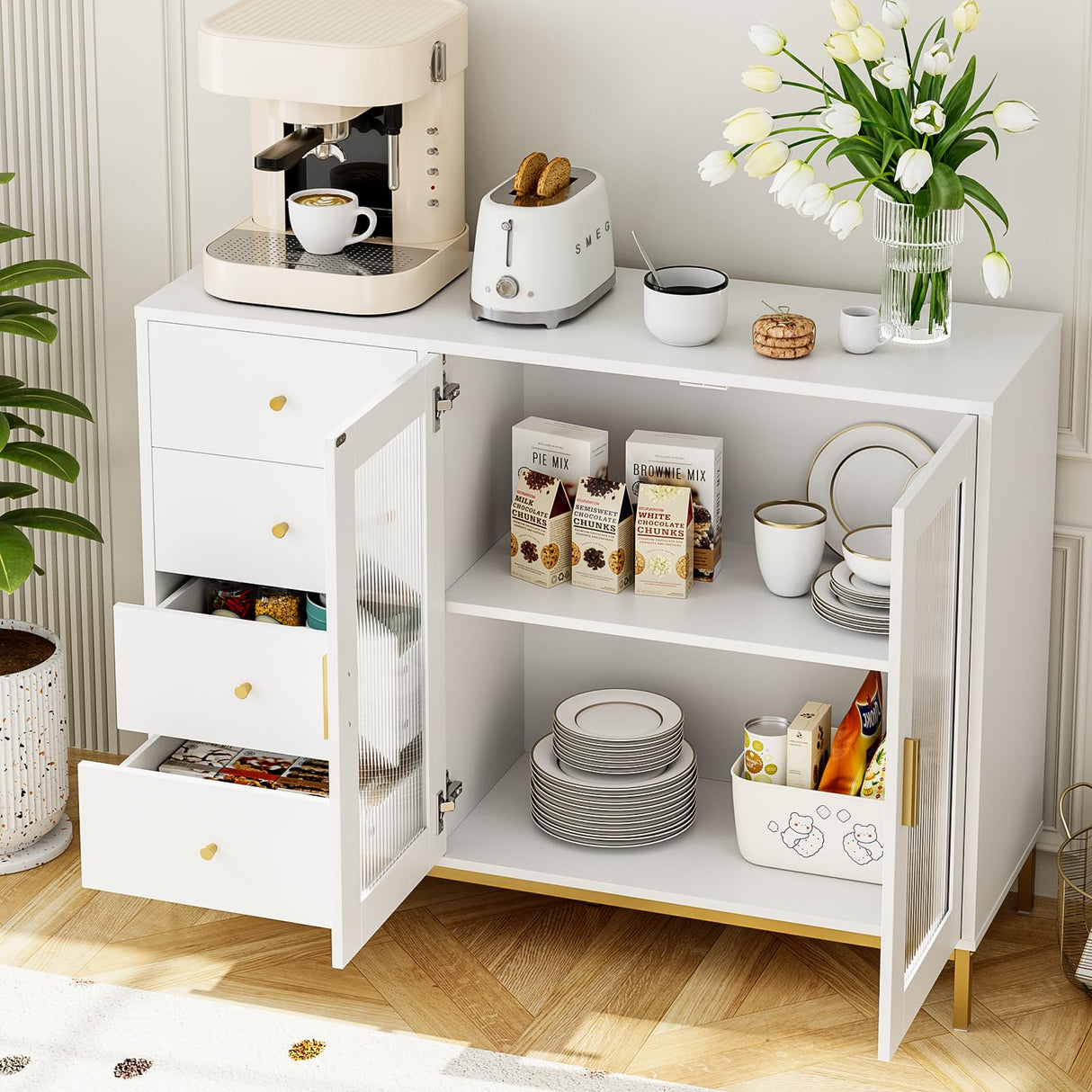 finetones Sideboard Buffet Cabinet with Storage, 47.2" White Gold Kitchen Cabinet with Fluted Glass Doors and Gold Metal Legs,