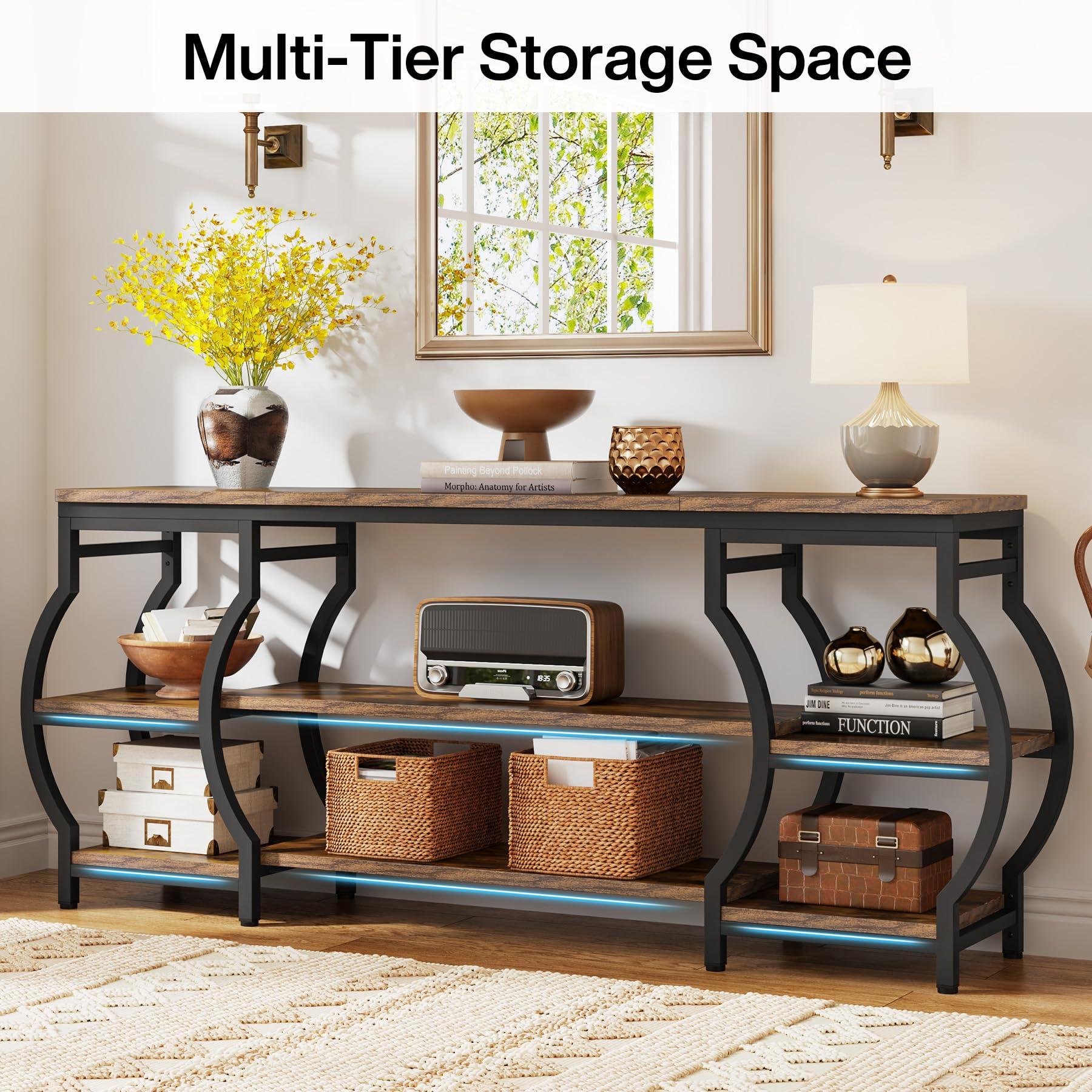 63” Long Console Table, 3 Tier Entryway Table with Storage Shelves, Industrial Sofa Table