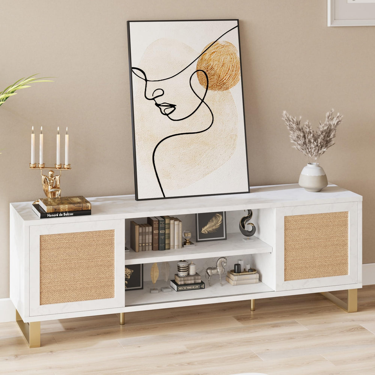 TV Stand 66 Inch, White Entertainment Center Modern TV Console Table with Storage,