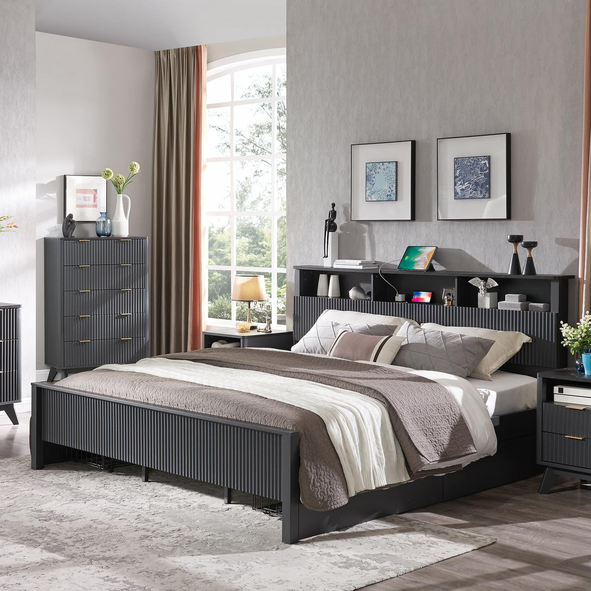 Fluted Panel Queen Bed Frame with Bookcase Headboard & Charging Station