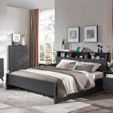 Fluted Panel Queen Bed Frame with Bookcase Headboard & Charging Station