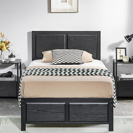 Queen Size Platform Bed Frame with Rustic Vintage Wood Headboard