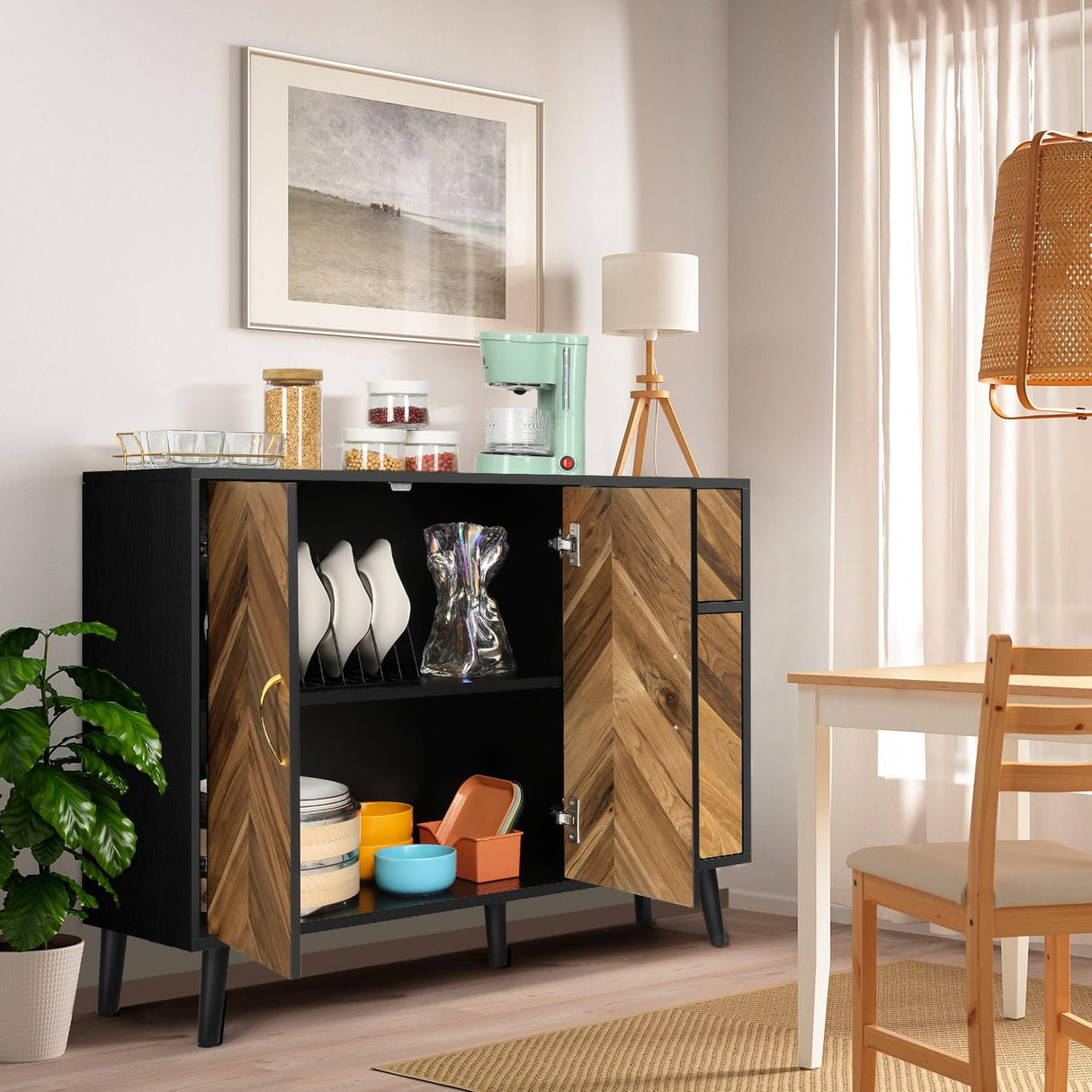 Sideboard Buffet Cabinet with Storage - 3 Doors Black Storage Cabinet with Drawers