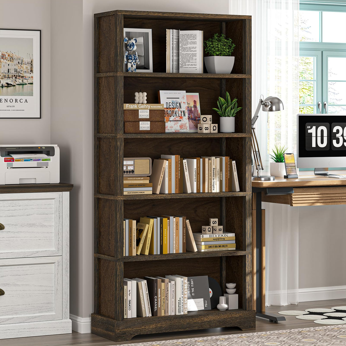 5-Shelf Wood Bookcase, 65 Inch Tall Bookshelf with Storage, Floor Standing Display Book Shelf (Rustic Brown)