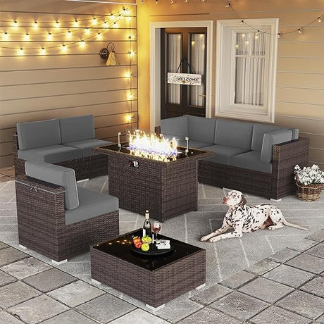 8 Pieces Outdoor Patio Furniture Set with 44" Fire Pit Table Brown Rattan