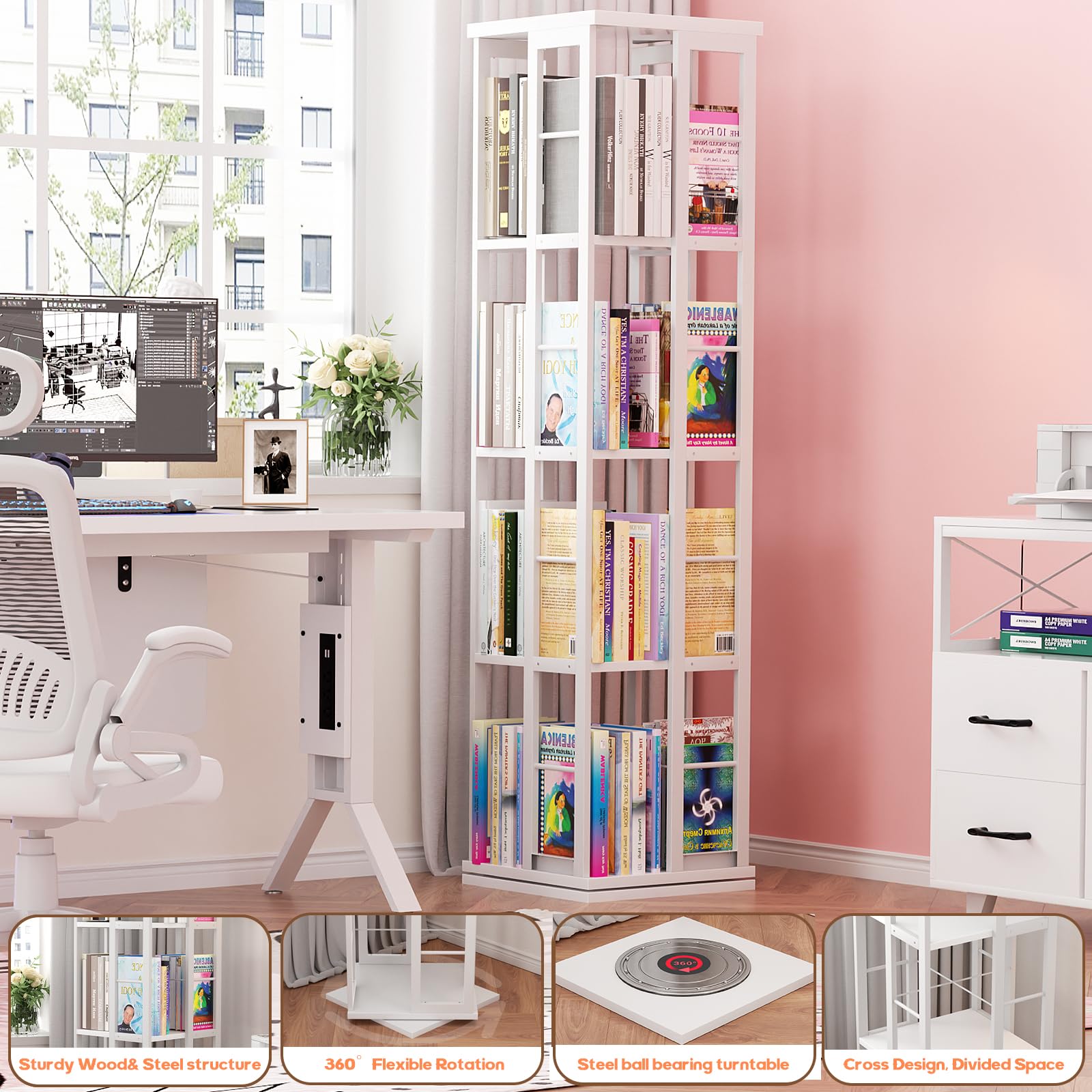 Bookshelf, Corner Bookshelf, 360 Display Wood Spinning Bookshelf, Floor Standing