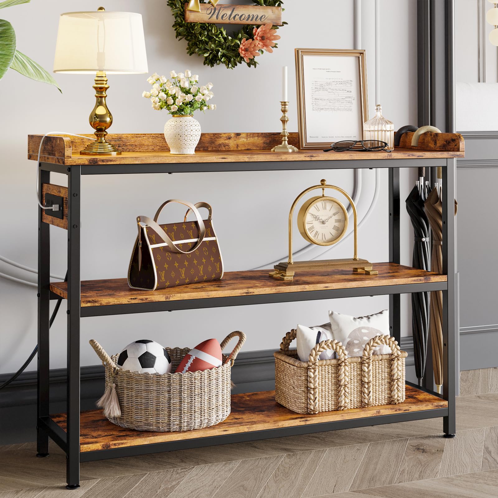 Farmhouse Console Table with Power Outlet - Height Adjustable Entryway Table 43"