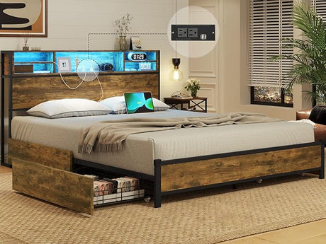 Queen Bed Frame with LED Lights Headboard & 4 Storage Drawers, Metal Smart Platform