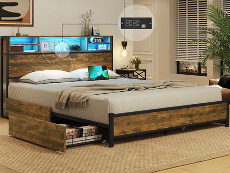 Queen Bed Frame with LED Lights Headboard & 4 Storage Drawers, Metal Smart Platform