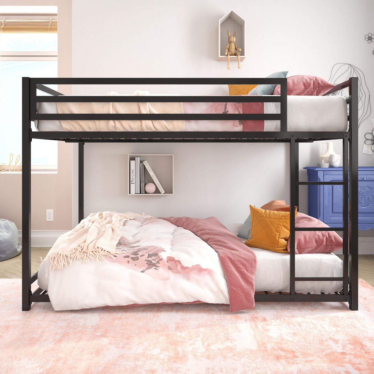 Metal Bunk Bed Frame for Kids, With Built-in Ladder, High Guardrail and Metal Slats, Floor Bed Bottom Bunk, No Boxspring Required, For Small Spaces, Full-Over-Full, Black