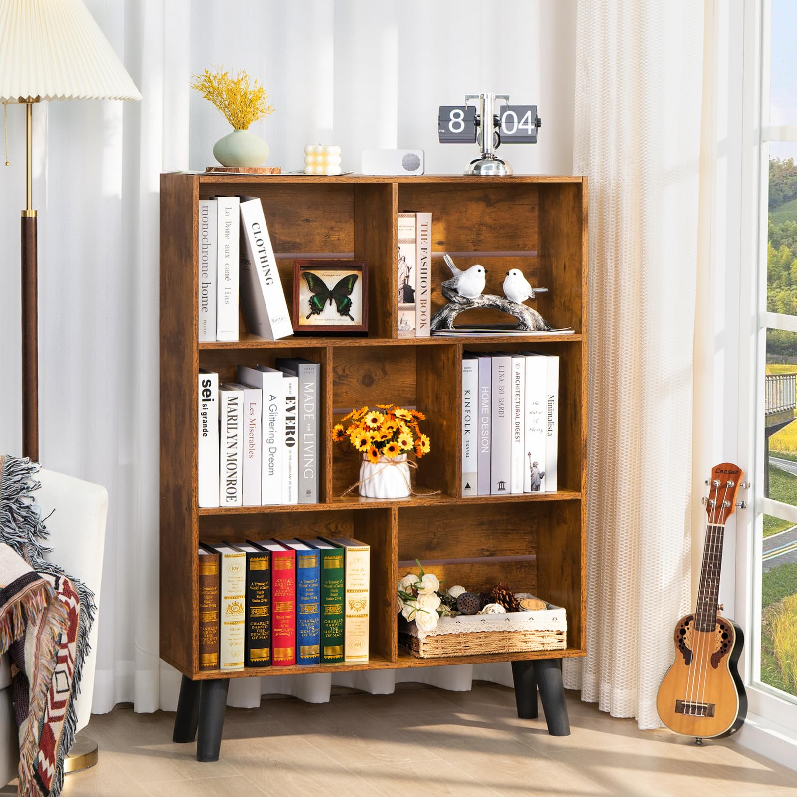 YUFAM Vintage Bookshelf with Legs, 3 Tier Mid Century Modern Standing Book Shelf, 7 Cube Rustic Bookcase with Shelves for Storage and Display in Living Room, Bedroom, Brown