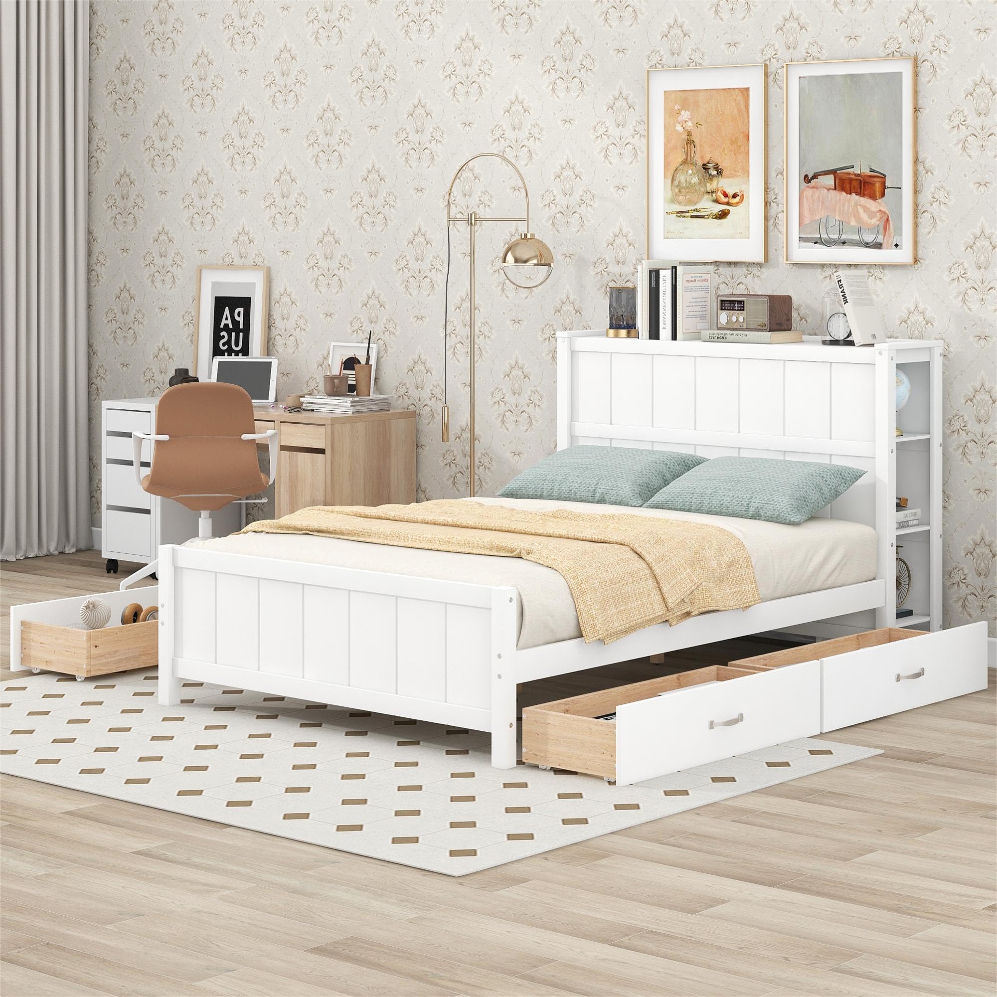 Merax Full Size Platform Bed with Drawers and Storage Shelves, White
