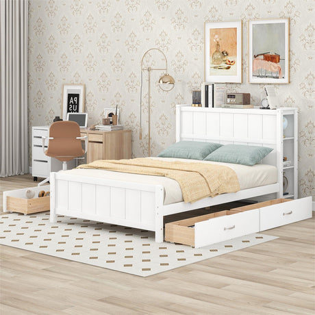 Merax Full Size Platform Bed with Drawers and Storage Shelves, White